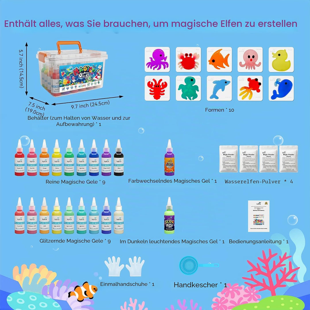 Kiditos Magic Water Elf Spielzeug Set – Aqua Gelz magisches Wasser-Gel Kit mit 20 Farben & 10 Formen