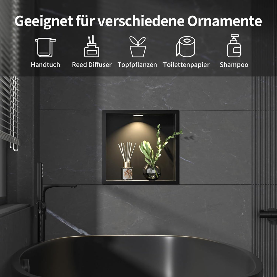 Wandnische Dusche Edelstahl mit LED Downlight, 30 cm x 30 cm, Wasserdicht - Keine Fliesen Erforderli