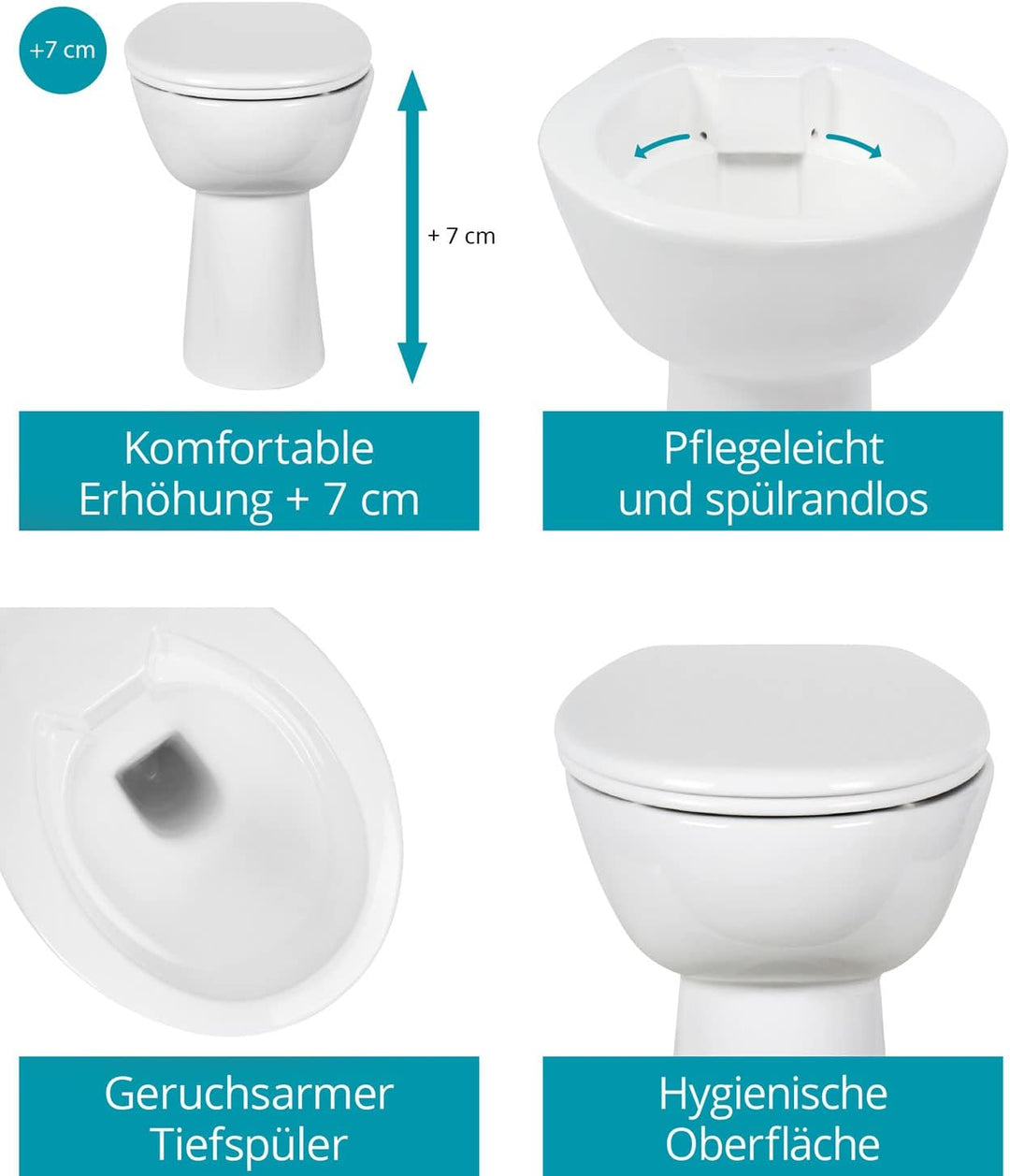 Calmwaters® Spülrandloses Stand-WC Komplettset Elements Wellness mit Toilettendeckel, erhöhtes + 7 c