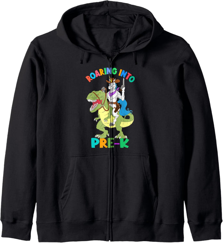 Roaring Into Pre-K Einhorn reitet Dinosaurier zurück zur Schule Kapuzenjacke