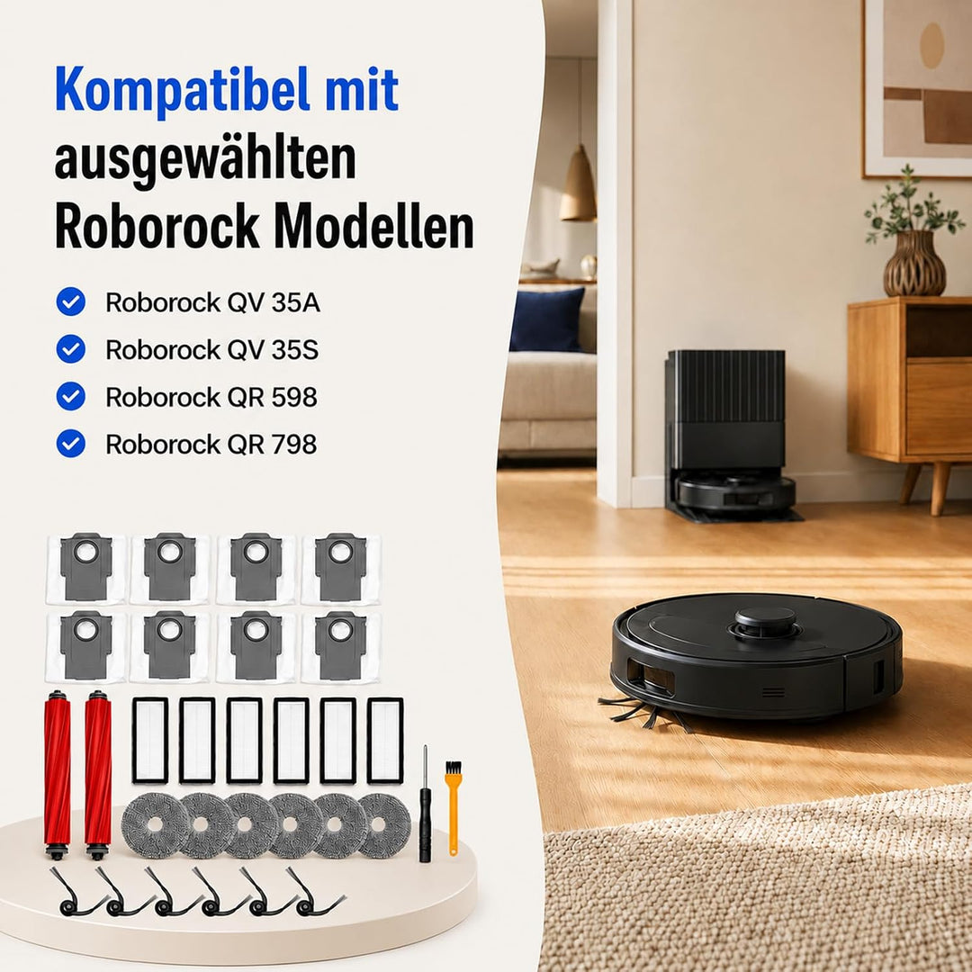 30 Stück Zubehör für Roborock QV 35A/QV 35S/QR 798/QR 598 Saugroboter | 8 Staubbeutel, 2 Hauptbürste
