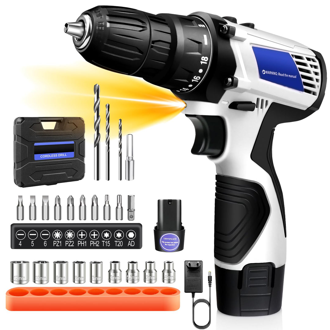 16.8V Akkuschrauber Set,Akkubohrer bis 45 Nm,Drehmomentstufe 18+1,3/8" Schnellspannbohrfutter und LE