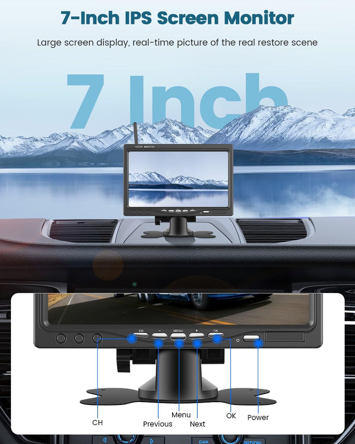 Wireless Reversing Camera Kit mit 7-Zoll-IPS-Bildschirm, Anti-Interferenz, IP68 wasserdichte IR-Nach