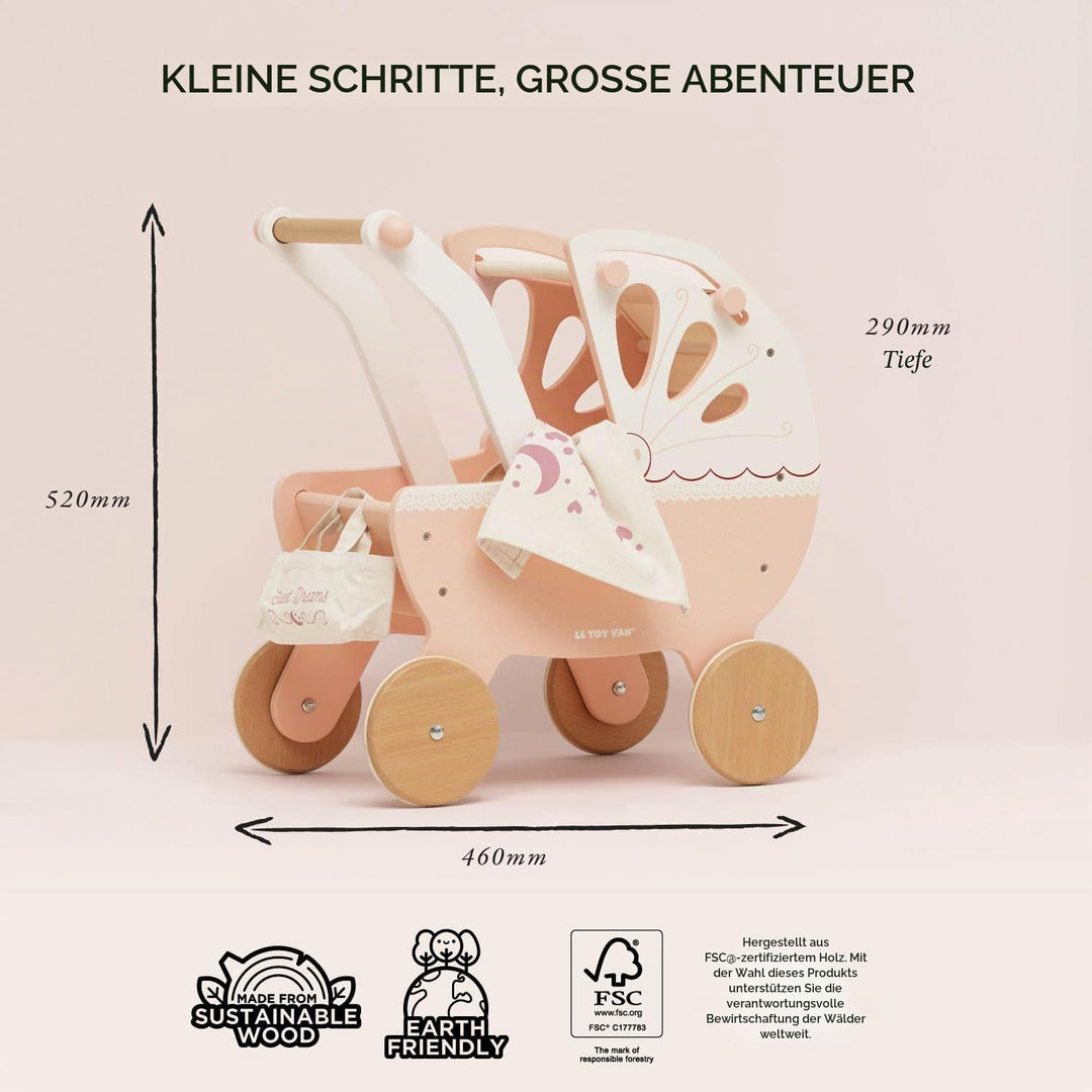 Le Toy Van – Pädagogisches Rollenspiel schöner Puppenkinderwagen „Süsse Träume“ aus Holz | Für Mädch