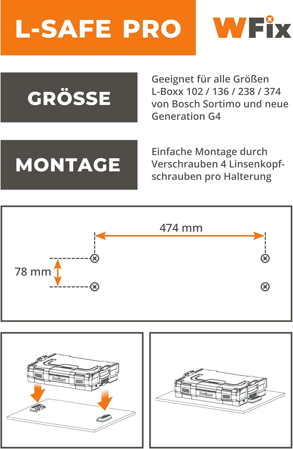 WFix L-BOXX Halter für Sortimo | L-SAFE PRO BLACK Sicherung und Fixierung für LBOXX Halterung | 2 Ha