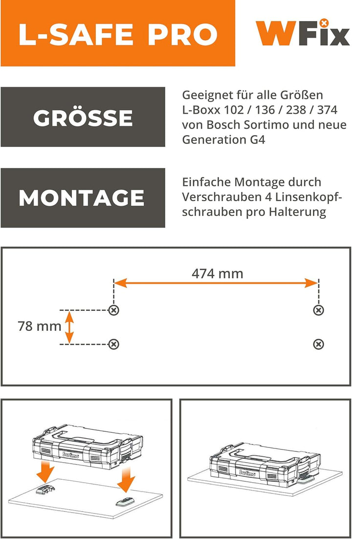 WFix L-BOXX Halter für Sortimo | L-SAFE PRO BLACK Sicherung und Fixierung für LBOXX Halterung | 2 Ha