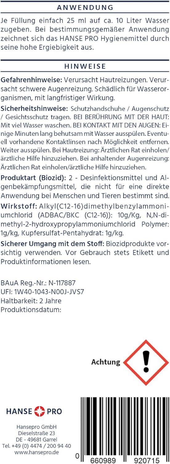 HANSE PRO Hygienemittel, 1 x 1000 ml - Konservierungs-Mittel für Luftbefeuchter, Luftreiniger, Luftw