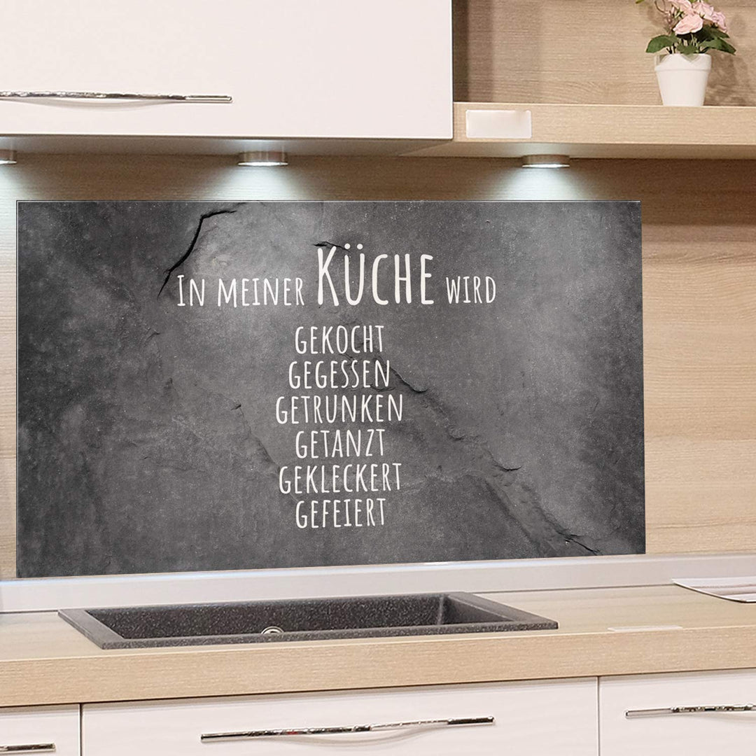 GRAZDesign Spritzschutz Küche Glas Granitoptik, Glasplatte Küche lustiger Spruch, Küchenrückwand Gla