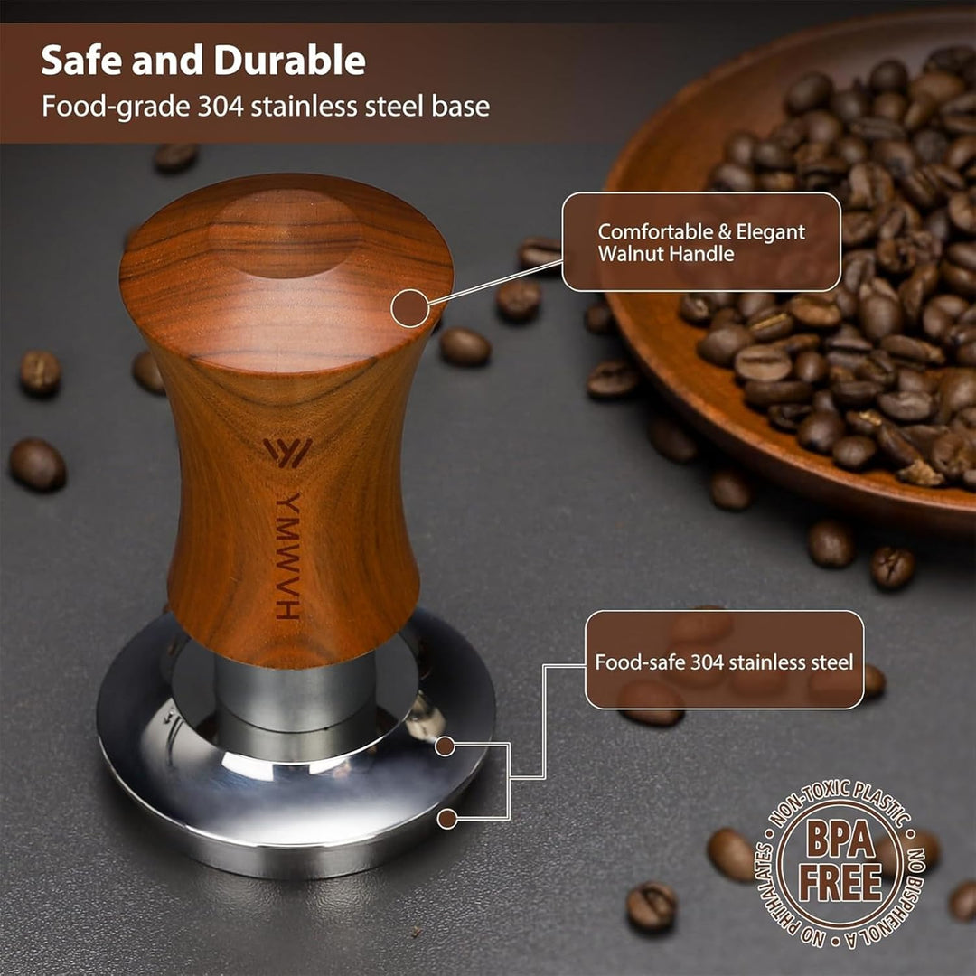 Premium Espresso Tamper mit Base Ripple 51mm - Kaffeestampfer aus Edelstahl mit formschönem Walnuss-