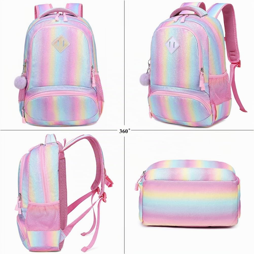 Schultaschen Mädchen Regenbogen Glitzer Rucksack Teenager Set Bunte Schulrucksack Damen Lässiger Tag