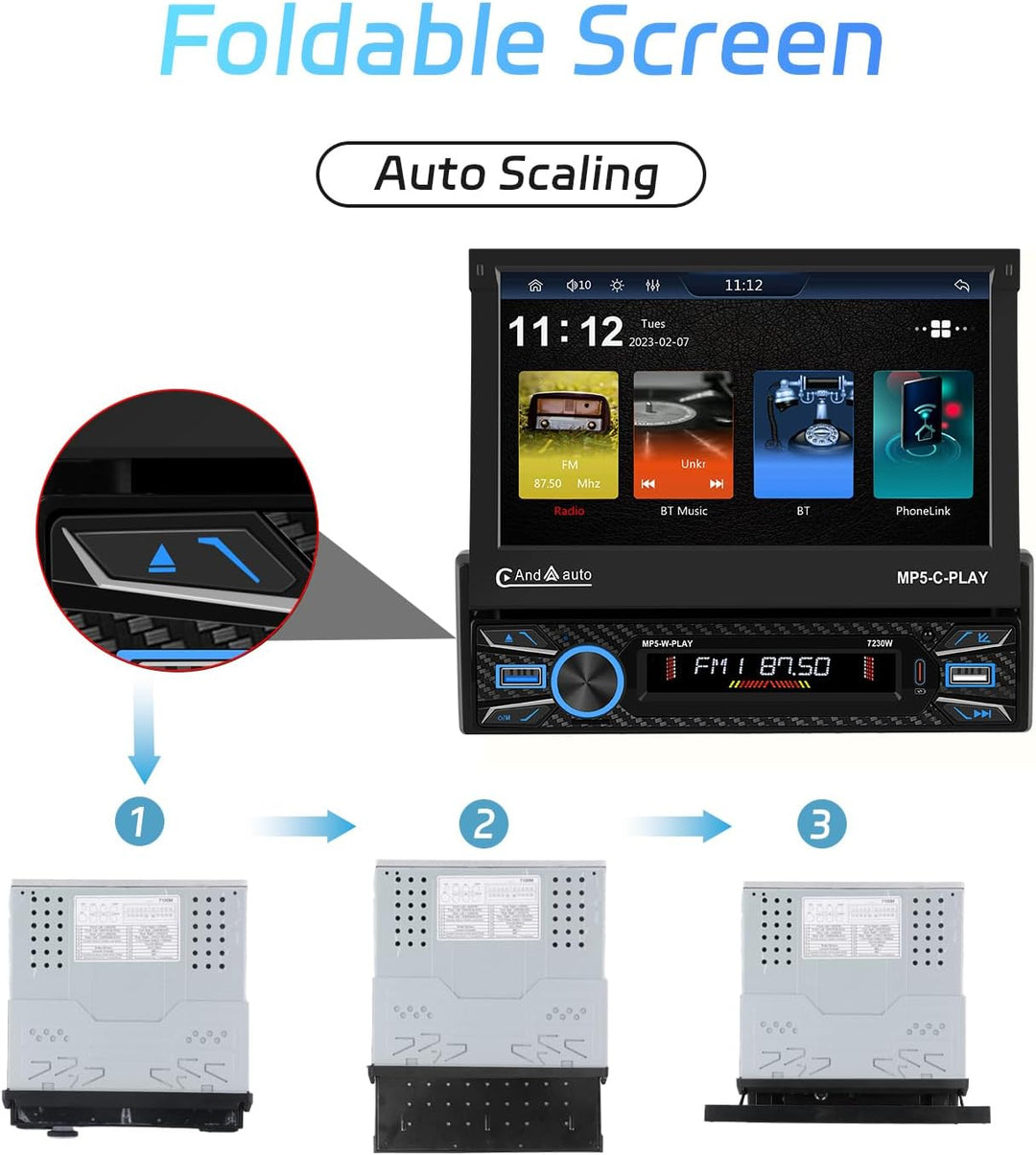 Hikity 1 Din Autoradio Wireless Carplay, 7 Zoll Bildschirm Touchscreen Motorisiertes Teleskop Displa