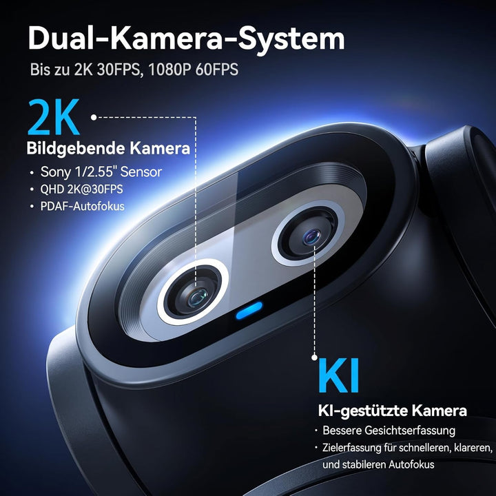 EMEET PIXY 2K Dual-Kamera KI PTZ Web-Kamera, KI-Tracking, 0.2s PDAF & KI-Autofokus, mit Sony-Sensor