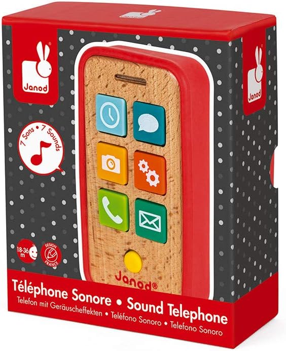 Janod - Wooden Sound Telephone for Children - Pretend Play Toy - For children from the Age of 18 Mon