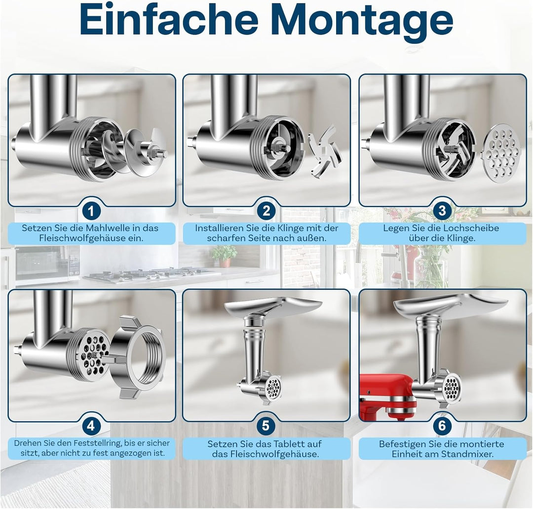 Fleischwolf Aufsatz für KitchenAid Standmixer - Fleischwolf Zubehör mit 4 Mahlscheibe, 2 Wurstfüllhö