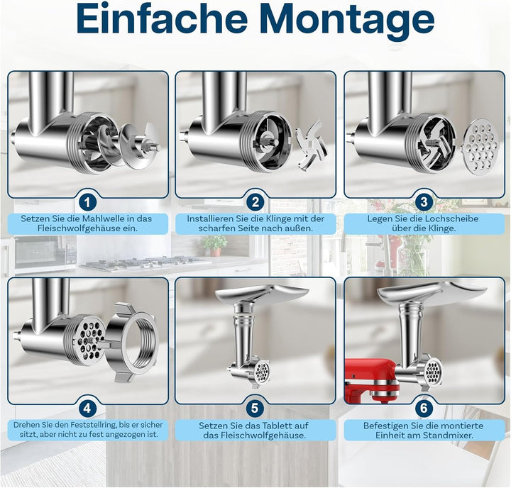 Fleischwolf Aufsatz für KitchenAid Standmixer - Fleischwolf Zubehör mit 4 Mahlscheibe, 2 Wurstfüllhö