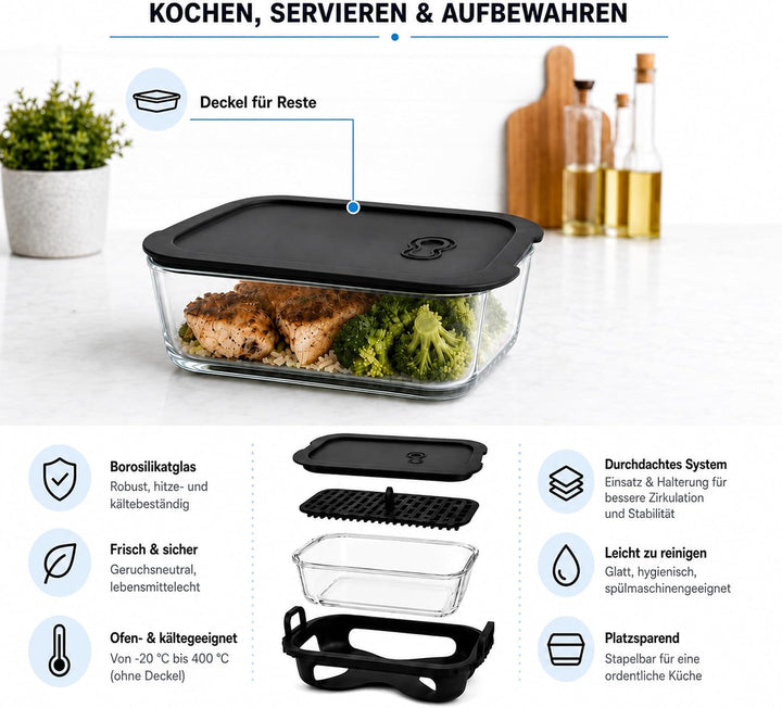 Auflaufform Airfryer für Ninja AF400EU/DZ400EU/AF500EU/COSORI Heissluftfritteuse 2 Kammern, Glas Air