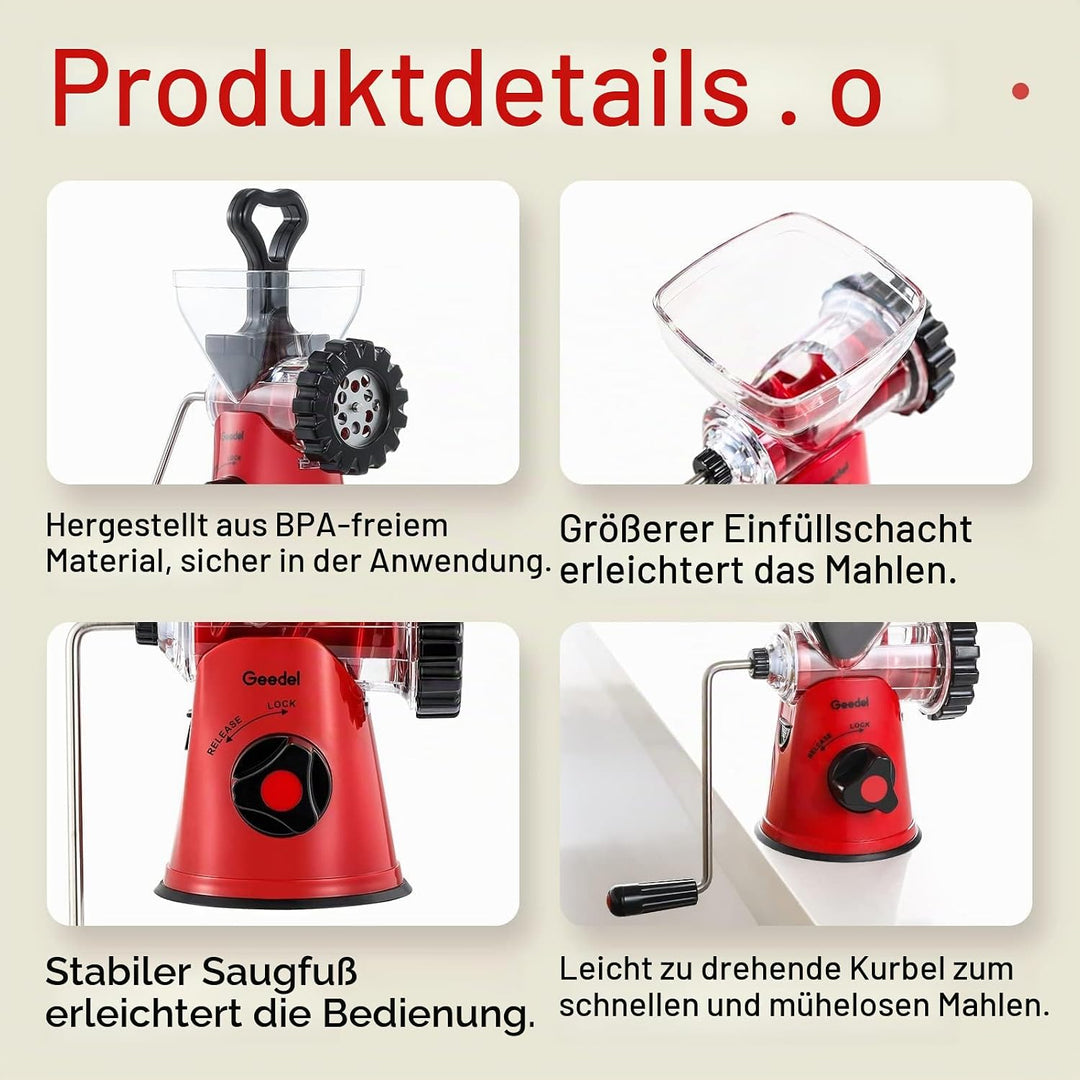 Geedel Fleischwolf Manuell, 4 in 1 Hackfleisch Zerkleinerer Edelstahl mit Wurstfüller Spritzgebäckvo