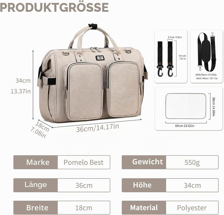 Pomelo Best Wickeltasche mit wasserdicher Wickelunterlage und 2 Kinderwagen Haken verstellbare Schul