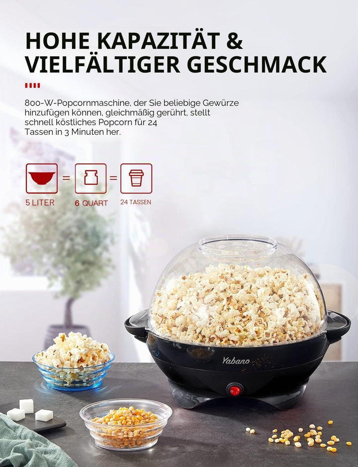 Yabano Popcornmaschine 5L mit Antihaftbeschichtung, 800W Popcorn Maschine für Zuhause, Familienfeier