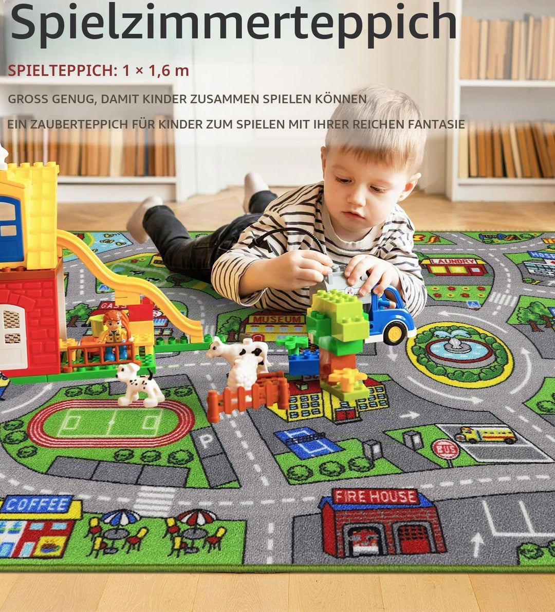 Capslpad Autoteppich Kinder 100x160cm rutschfest Kinderteppich Stadtplan Interaktiver Spielteppich W