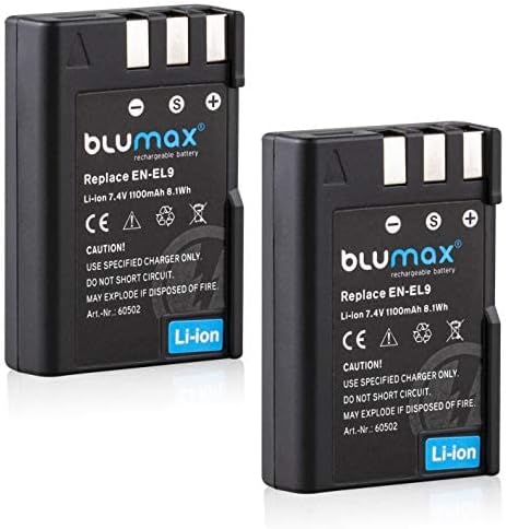 2X Blumax Akku kompatibel mit Nikon EN-EL9e/EN-EL9a 1100mAh - passend für Nikon D3000 D5000 D40 D40x