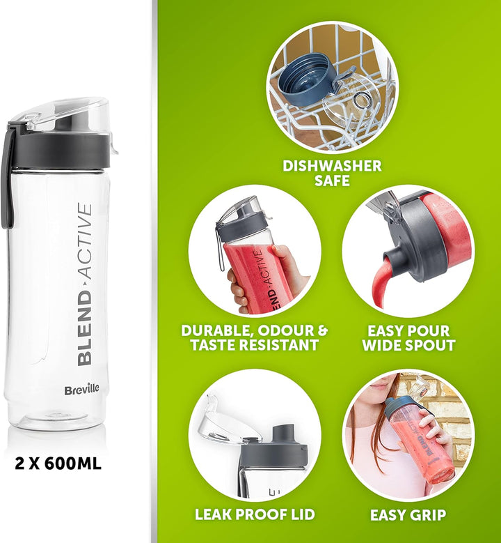 Breville Blend Active VBL246 persönlicher Mixer und Smoothie-Maker, 350 W, 2 tragbare Mix-Active-Fla