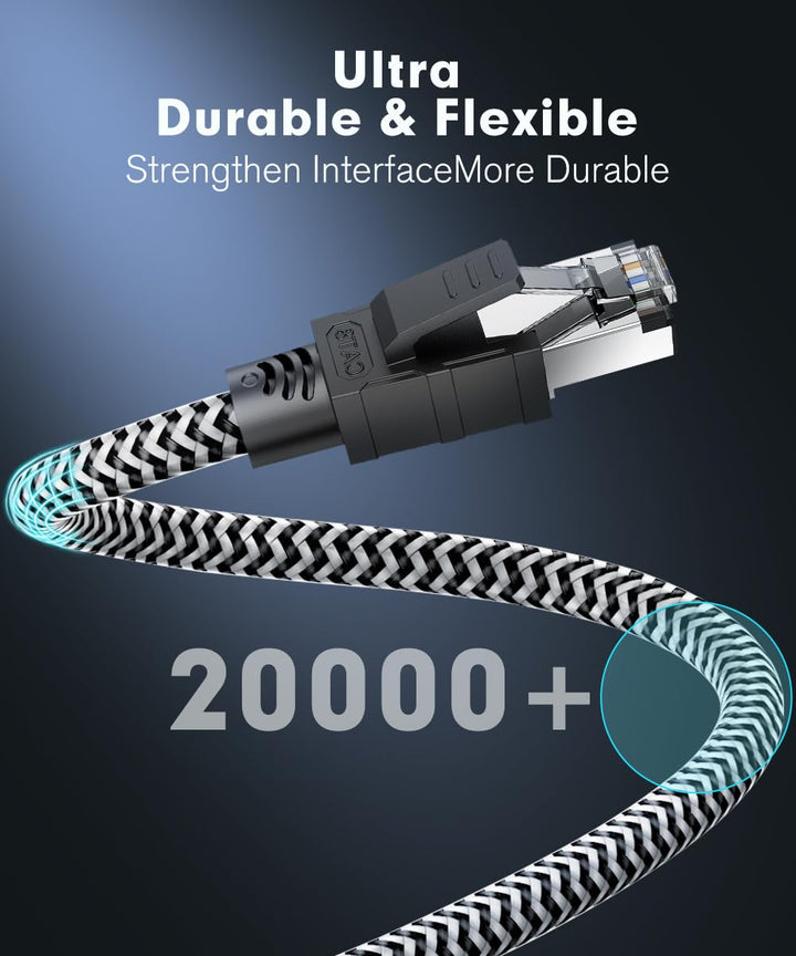 Cat 8 LAN Kabel 15m, Nylon Geflochtenes Netzwerkkabel, 40 Gbit/s 2000 MHz Hochgeschwindigkeits-Ether