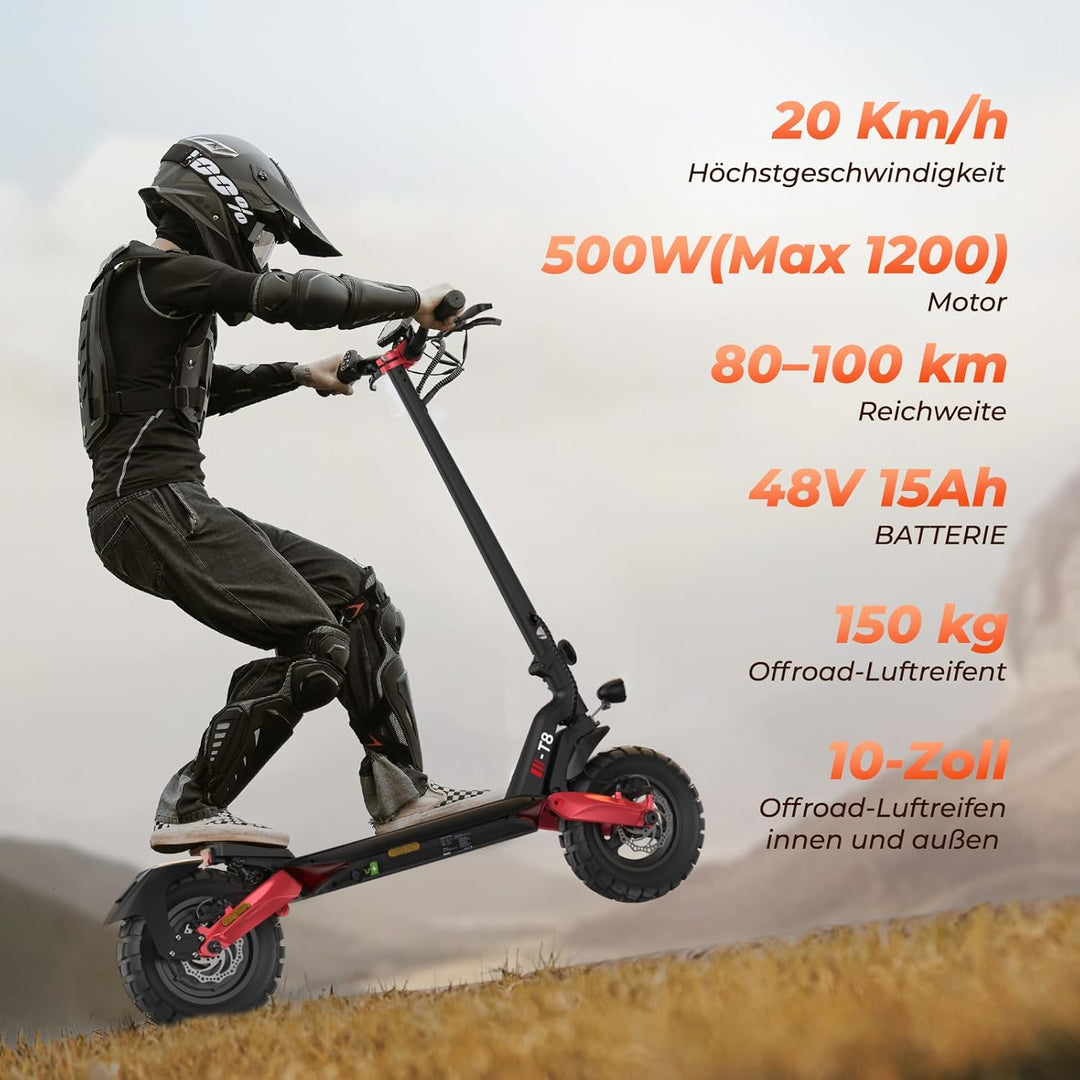 E Scooter mit Strassenzulassung, 80-100 KM Reichweite, 48V 15Ah, 10 Zoll Offroad Luftreifen, ABE Ele