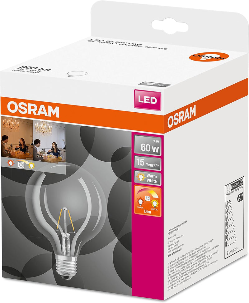 Osram LED Star+ GlowDim Classic Globe Lampe, in Ballform mit E27-Sockel, Ersetzt 60 Watt, Filamentst