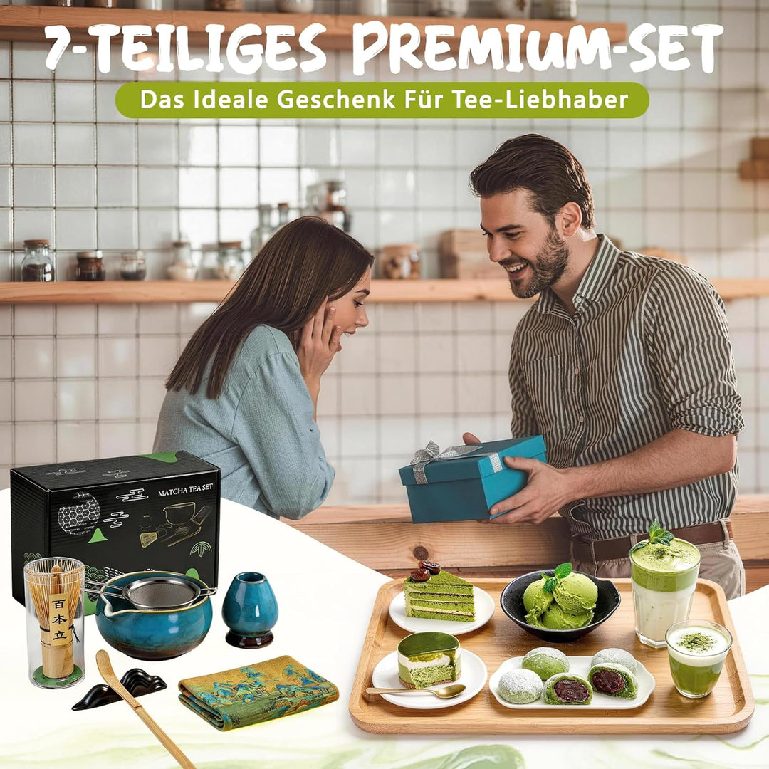 Matcha Set 7-teilig | Premium Tee-Zeremonie Set mit Matcha-Schale, Bambus-Chasen (100+ Spitzen), Hal