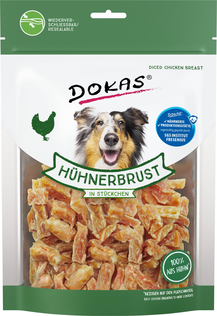 DOKAS Hühnerbrust in Stückchen – Glutenfreier Premium Snack in praktischer Grösse für Hunde – Ideal