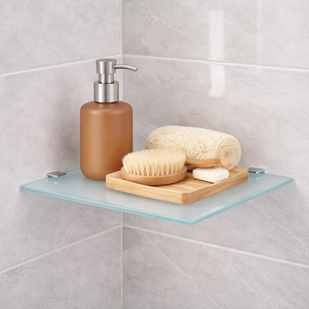 Euro Tische Glas Eckregal 35 x 35 cm, Wandregal für Badezimmer, Duschregal Bad, Glas Badregal mit 6m