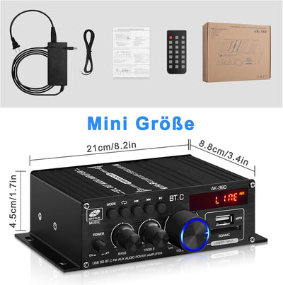 AK-380 Bluetooth 5.0 HiFi Verstärker 2.0-Kanal 40W x 2 Max. 400W Mini Verstärker Stereo Audio Leistu