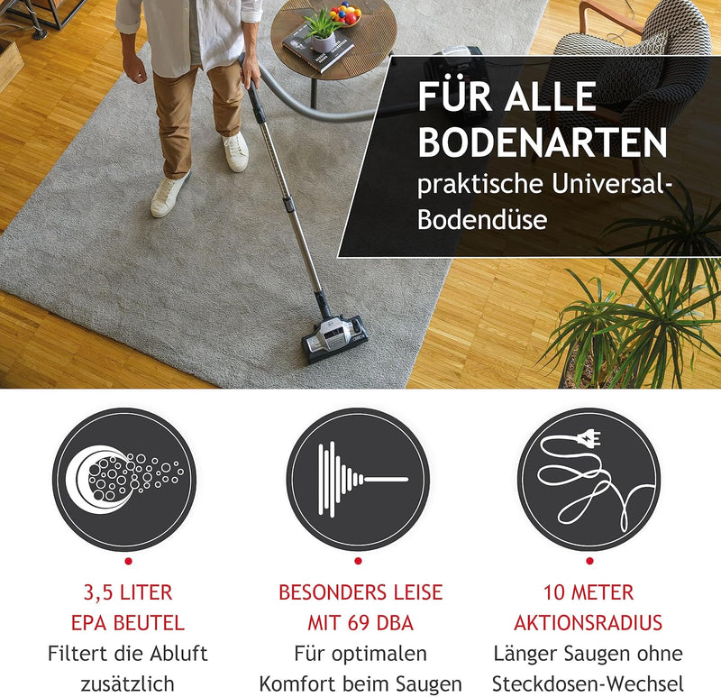 Hoover Bodenstaubsauger mit 3,5 L Beutel – leiser Staubsauger (69 dBA) mit automatischem Beutelentso