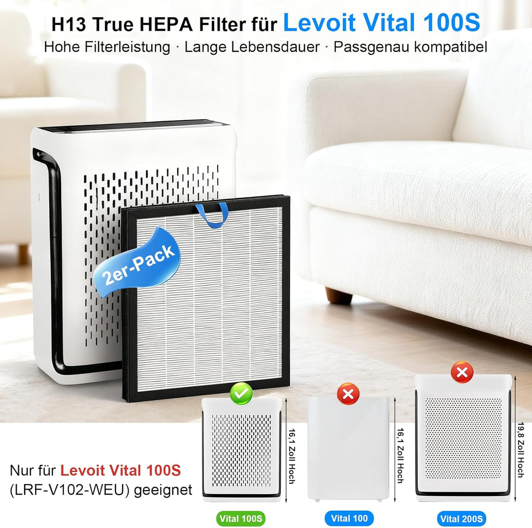 Vital 100S Filter für Levoit Luftreiniger, 2er Pack H13 HEPA Ersatzfilter mit Aktivkohle gegen Feins