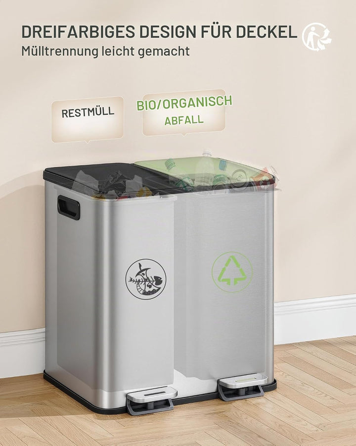Hzuaneri Mülleimer Küche, 2 x 15 L, Mülltrennsystem 2 Fächer, Mülleimer mit Farbigem Soft-Close-Deck