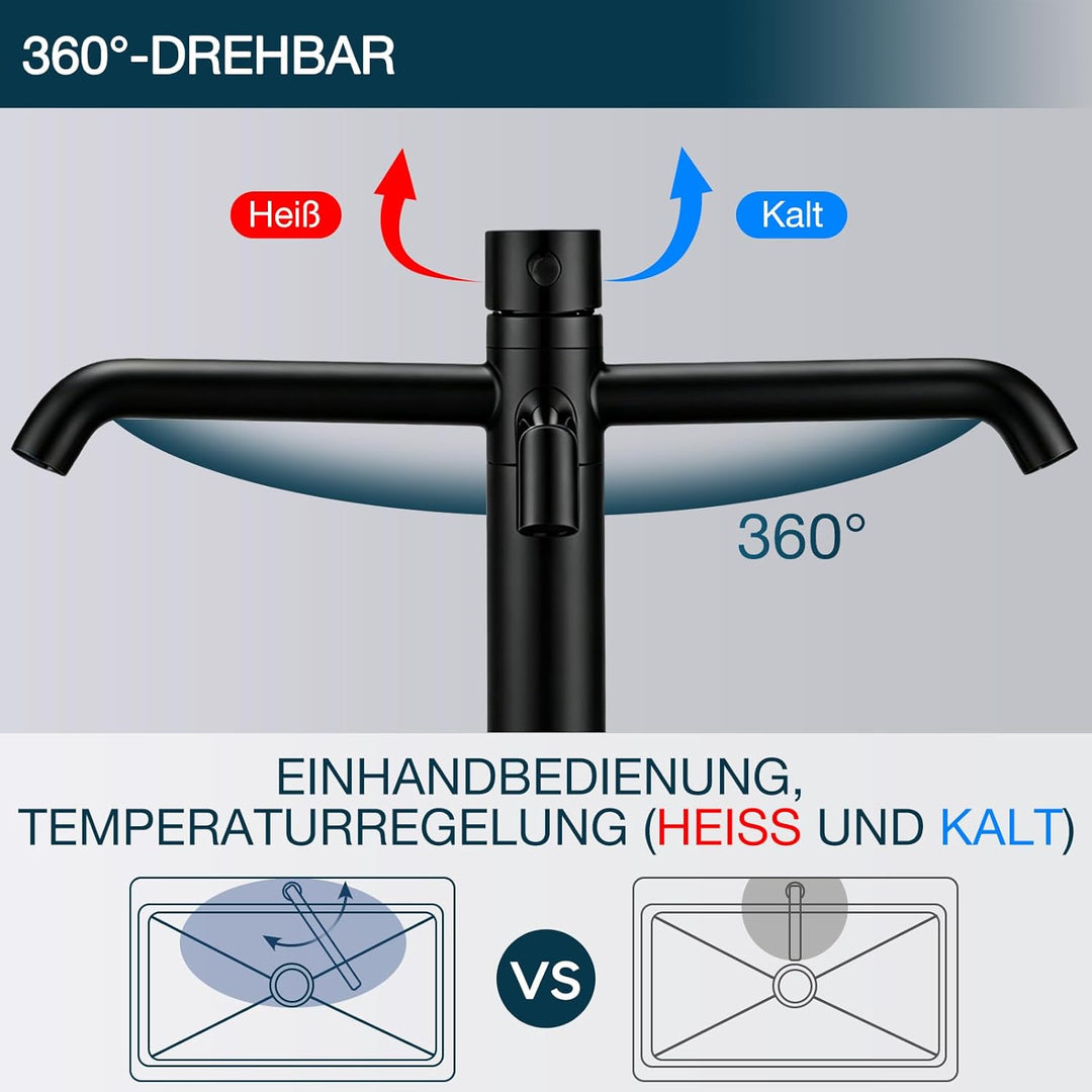 DETBOM Wasserhahn Bad-Mischbatterie 360°Schwenkbar, Waschtischarmatur mit Geräuscharmem Keramischem
