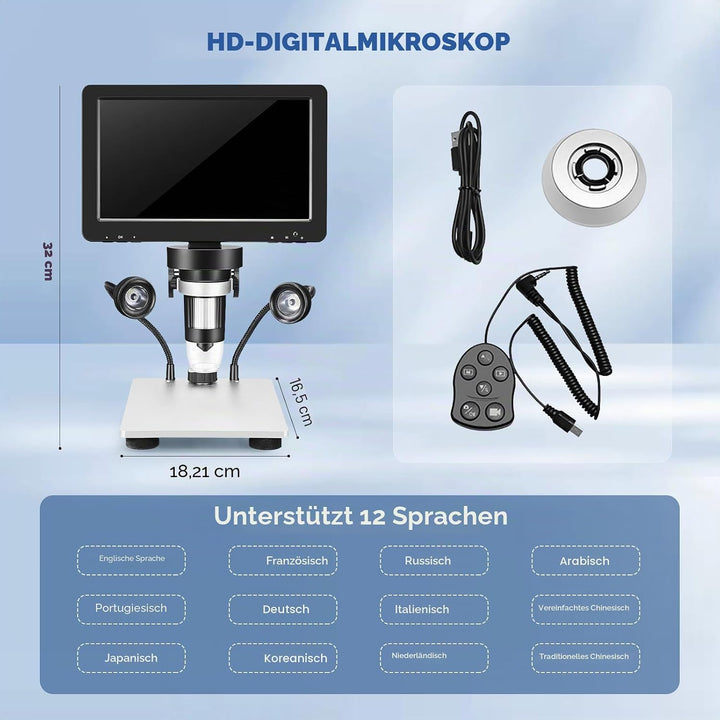 Professionelles Mikroskop 7 Zoll 1200 x 12 MP Digitales Mikroskop mit drehbarem HD-Display/8 LED-Leu