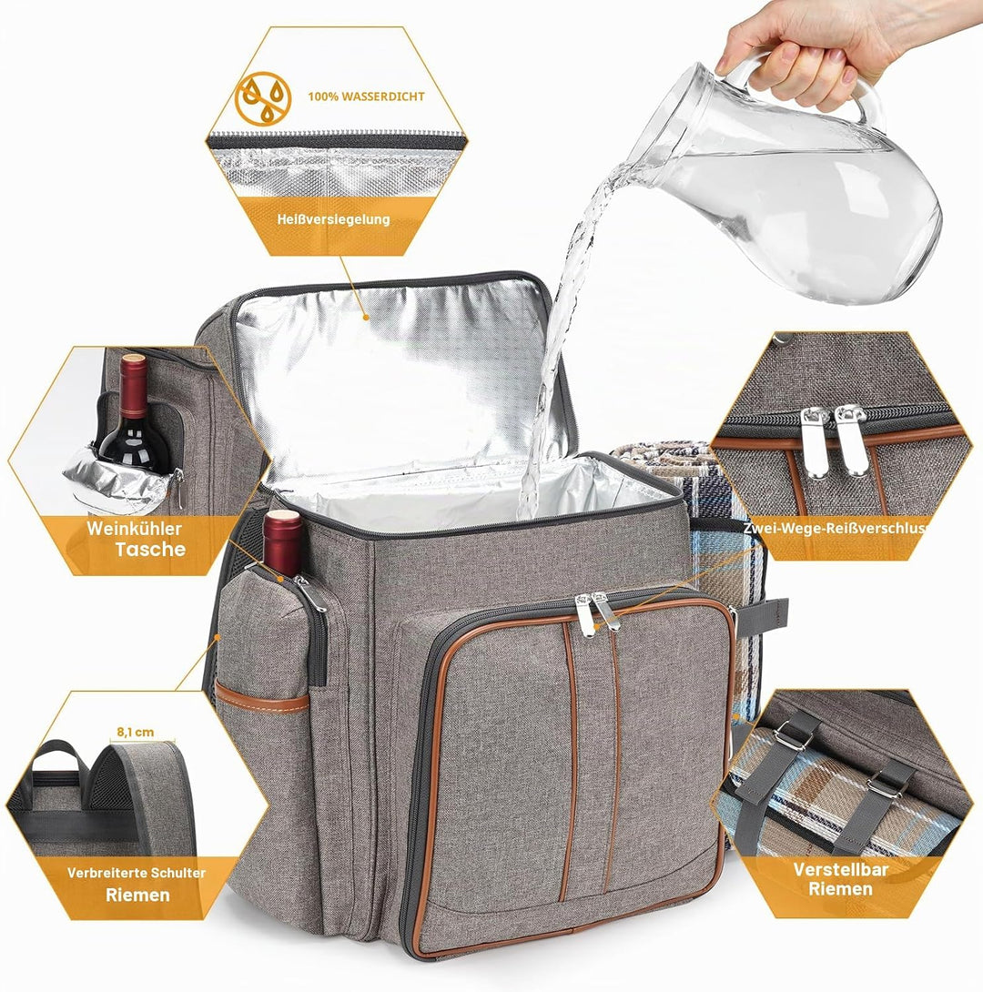 Picknick-Rucksack für 4 Personen, Picknickkorb-Set, auslaufsichere Picknicktasche, Strandkühlrucksac