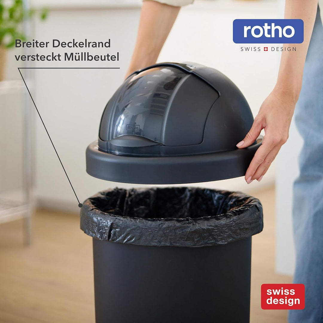 Rotho Roll Bob runder Mülleimer mit Deckel 10l, Kunststoff, schwarz, 10 l (26,5 x 26,5 x 39,5 cm) 10
