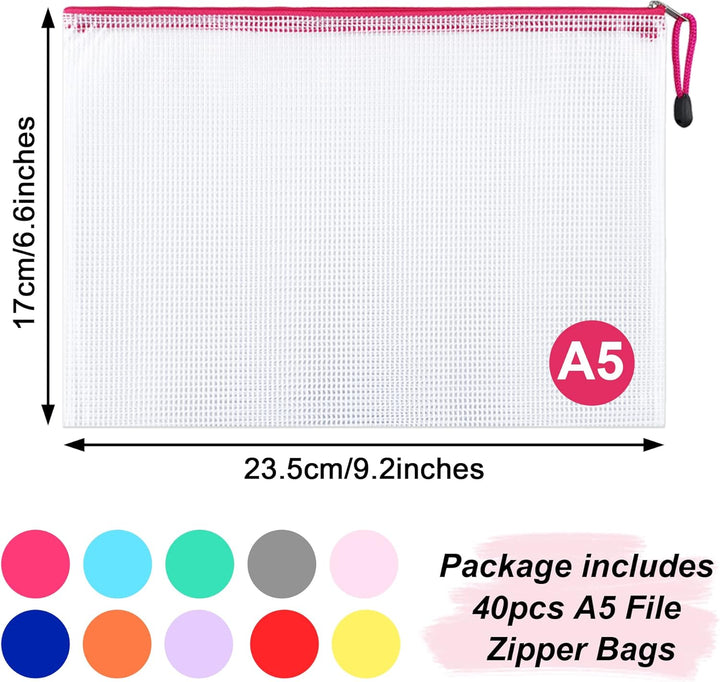 Yoassi Dokumententasche A5, 40 Stücke Mesh Kunststoff Reissverschlusstasche, A5 Datei Taschen mit Re