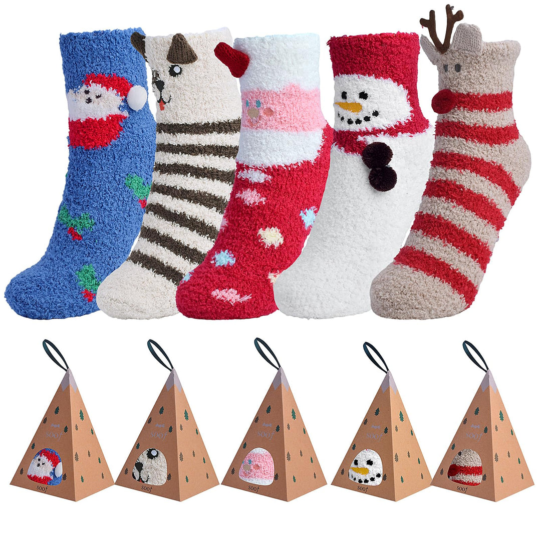 CZMAO 5 Paar Weihnachtssocken mit Geschenkbox, Weihnachten Socken, Weihnachtsmotiv Warm Festlicher B