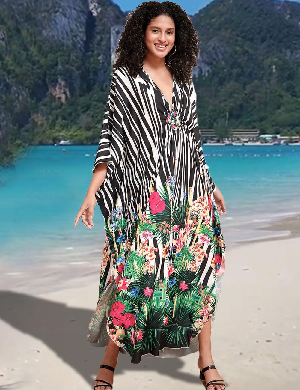 Damen Kaftan Strandkleid Boho Floral Lange Übergrösse Pareos Lose Kimono Sommer Tunika Maxikleid Far