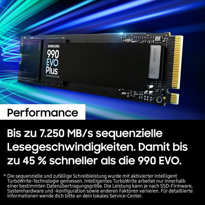 Samsung 990 EVO Plus NVMe M.2 SSD 1 TB, PCIe 4.0 x4 / PCIe 5.0 x2, NVMe 2.0 (2280), 7.150 MB/s Lesen