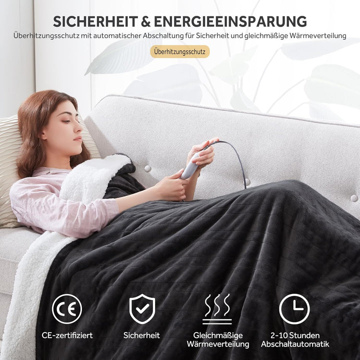 Elektrische Heizdecke, 130x180 cm, Grau, Flanell-Sherpa, 6 Temperaturstufen, 1-10 Std., automatische