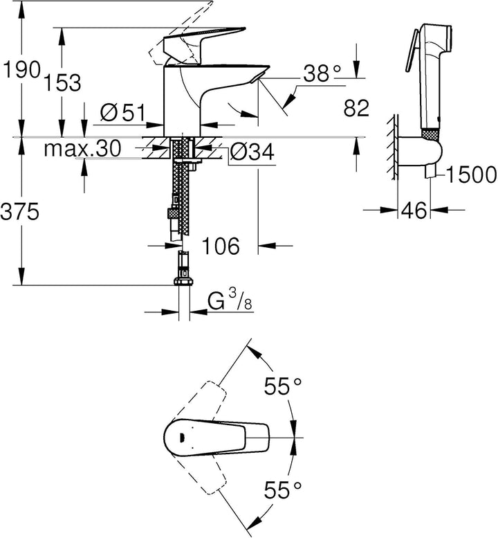 GROHE StartEdge, Waschtischarmatur mit Bidet-Duschkopf (WC Dusche für die Toilette im Bad, Handbraus