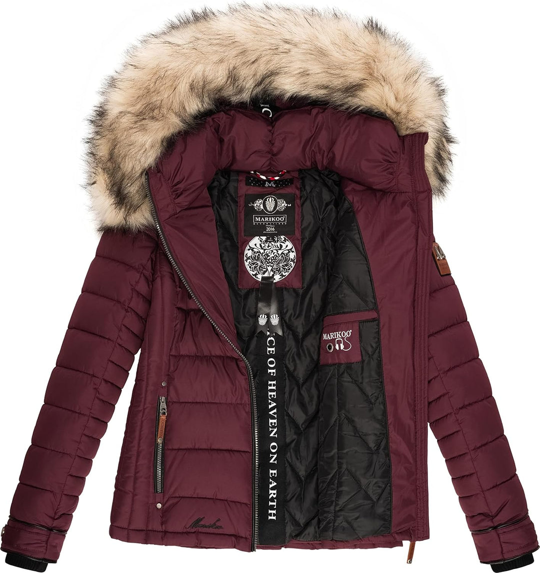 MARIKOO Damen Winterjacke Steppjacke mit abnehmbarem Kunstfell Lerikaa XS-3XL L Wine, L Wine