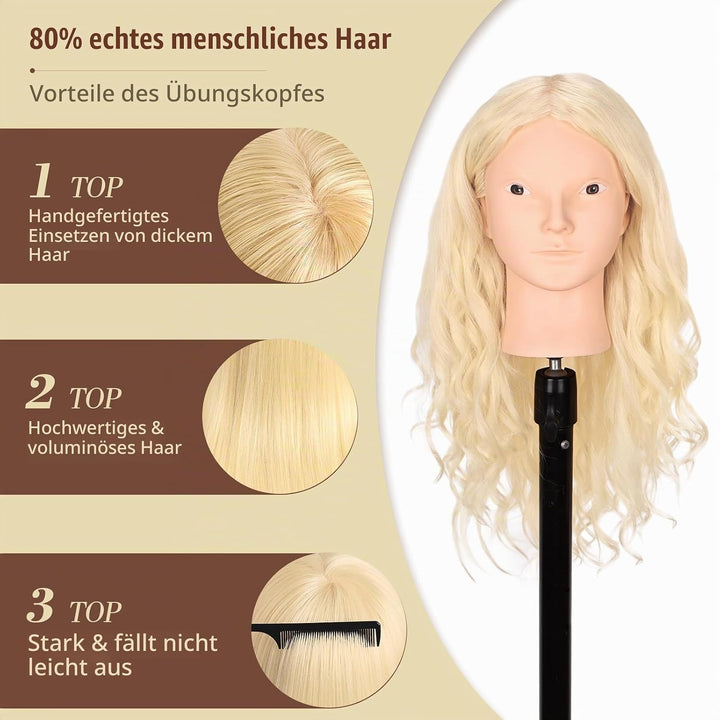 Frisierkopf Echthaar, TopDirect 66cm/26 Zoll 70% Echtes Haar Ubungskopf Friseur Trainingskopf mit Fl