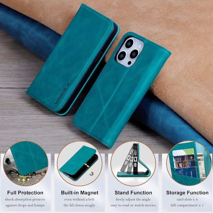 VISOUL Hülle für iPhone 14 Pro Max Handyhülle [ Echtleder] [Kartenfach] [Magnet] [Standfunktion], TP