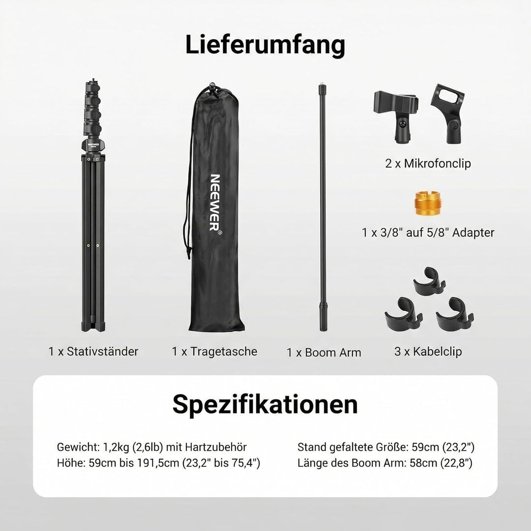 NEEWER Microphone Stand, Mikrofonständer Stativ mit Boom Arm, robuster verstellbarer Ständer und Arm